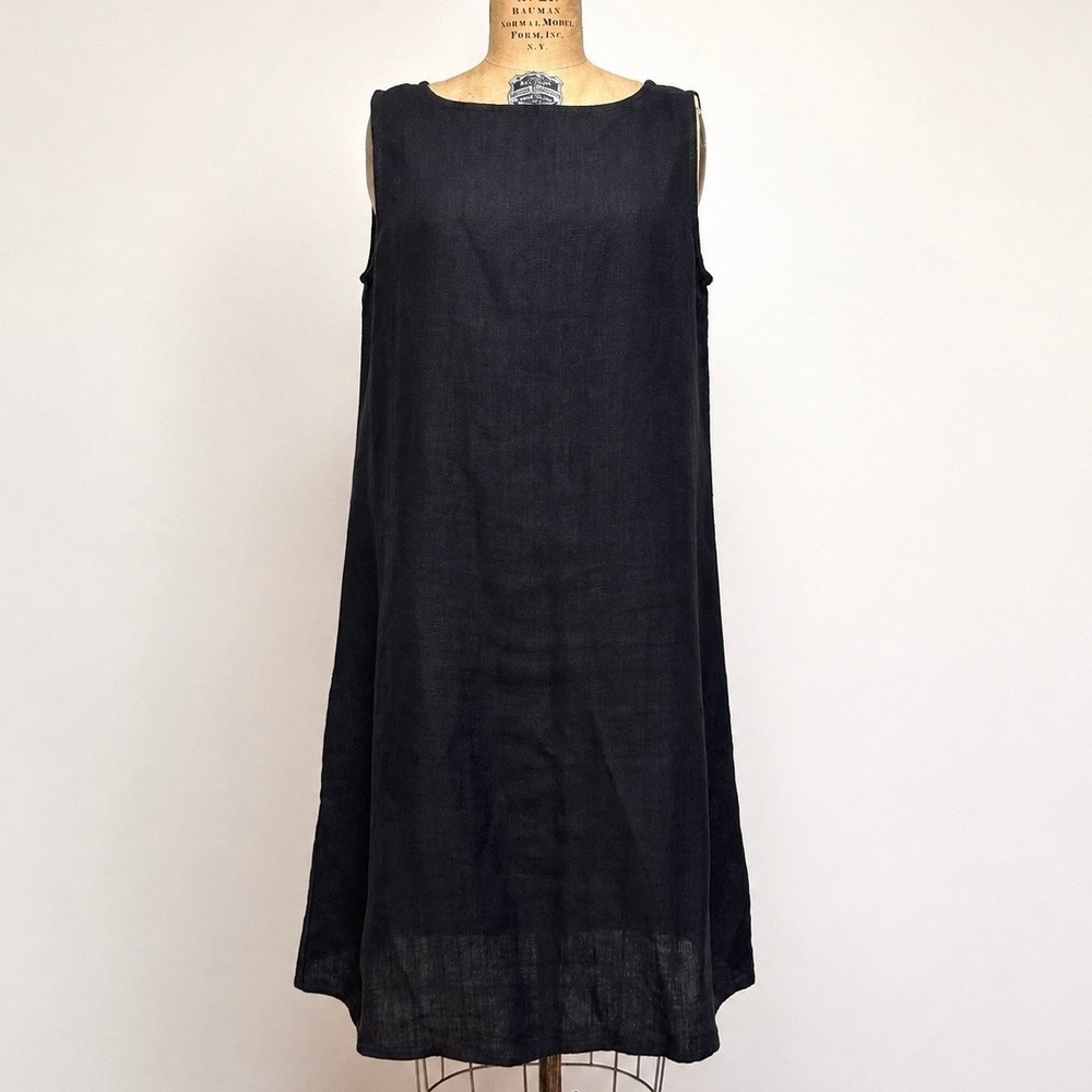 Eileen Fisher Irish Linen Dress Womens M Black Lagenlook Sleeveless Midi